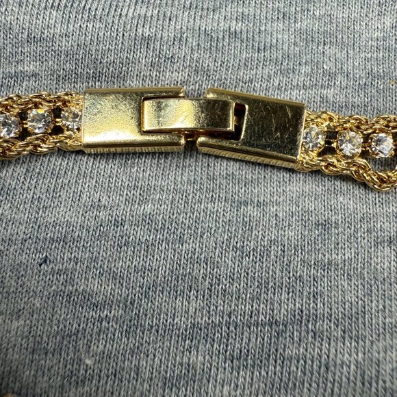 Gold-Tone Double Chain Bracelet Clear Rhinestones Secure Clasp Shine Sparkles - Picture 4 of 16